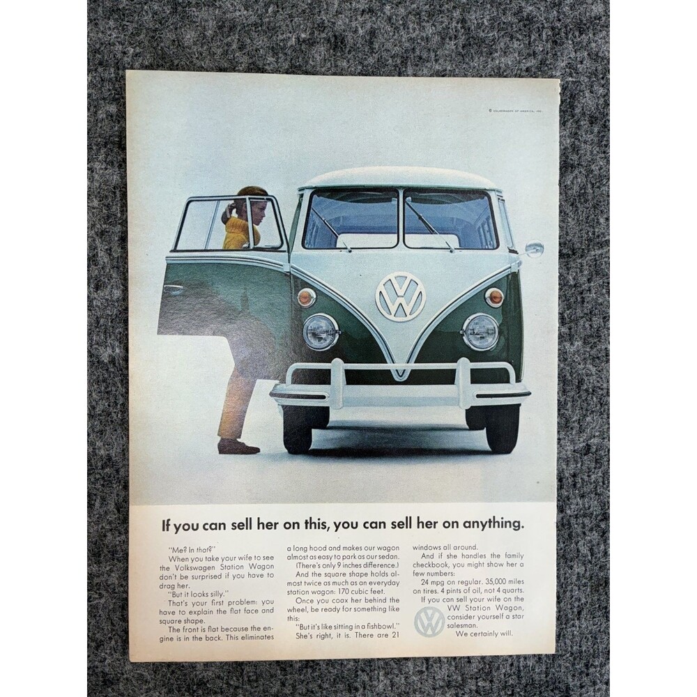 Vintage 1960s Volkswagen VW Bus Van Station Wagon Ad Ephemera Print